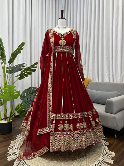 Maroon Color Fully Stitched 3 Piece Long Anarkali Suit Set