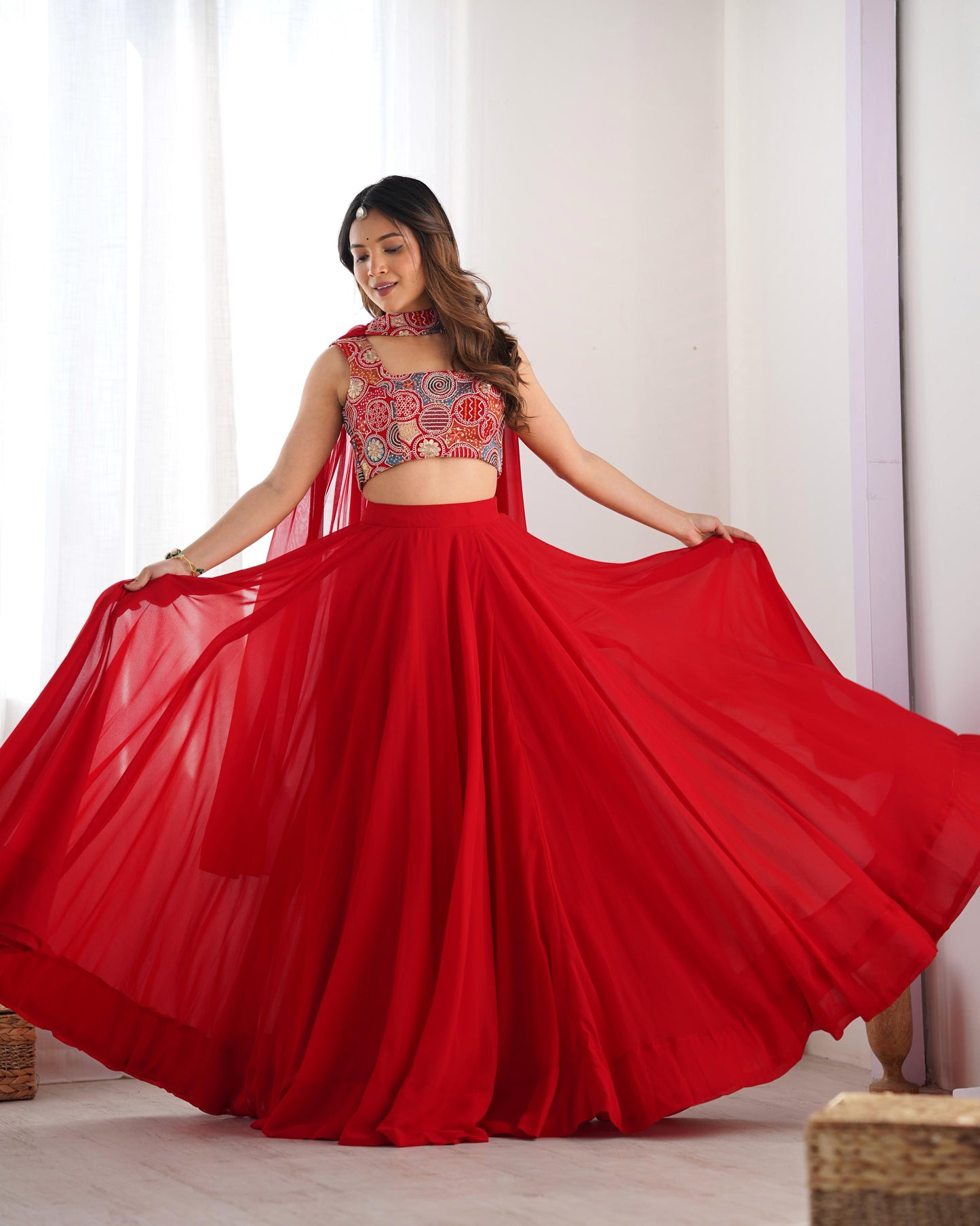 Completely Ready to Wear Pure Georgette Lehenga Choli With 8.0 Mtr Flair