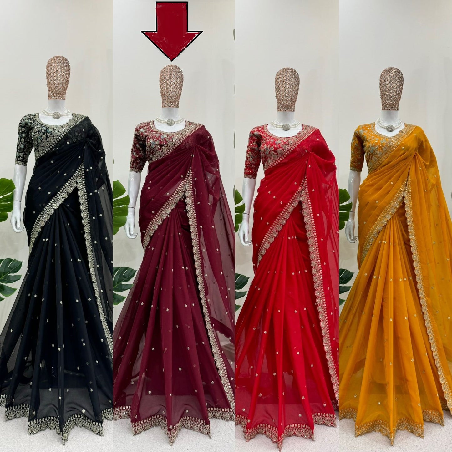 Designer Gajari Colour Tabby Silk Fabric Thread Work Saree