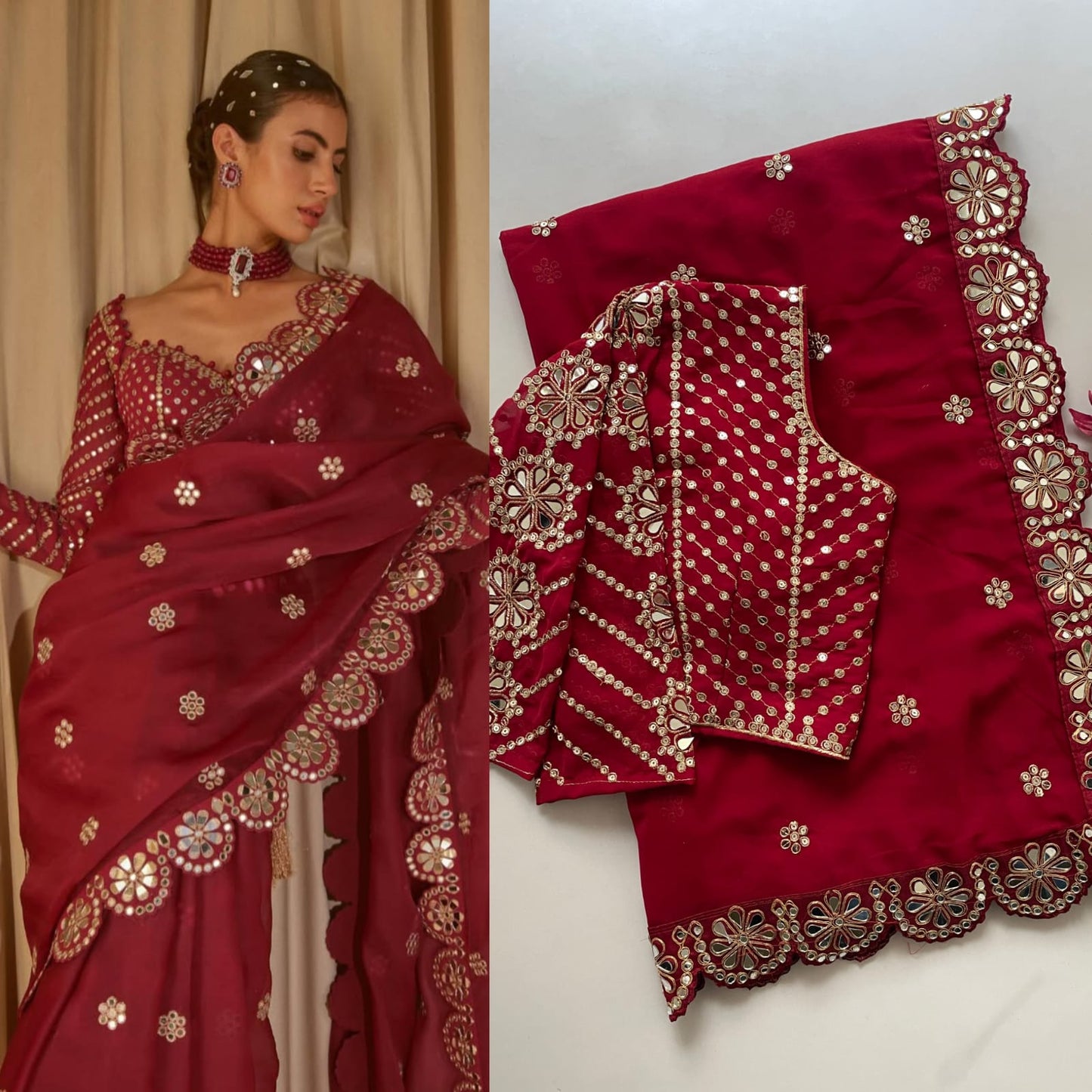 Stitched Blouse With Real Mirror Work Georgette Saree