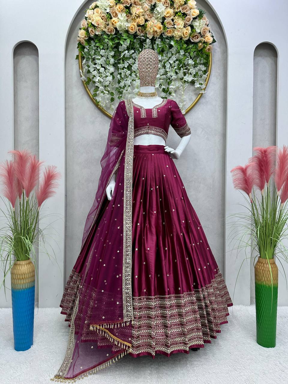 Beautiful Maroon Satin Silk Lehenga Choli