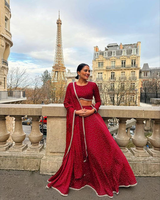 Maroon Chinon Silk Full Flair Lehenga Choli