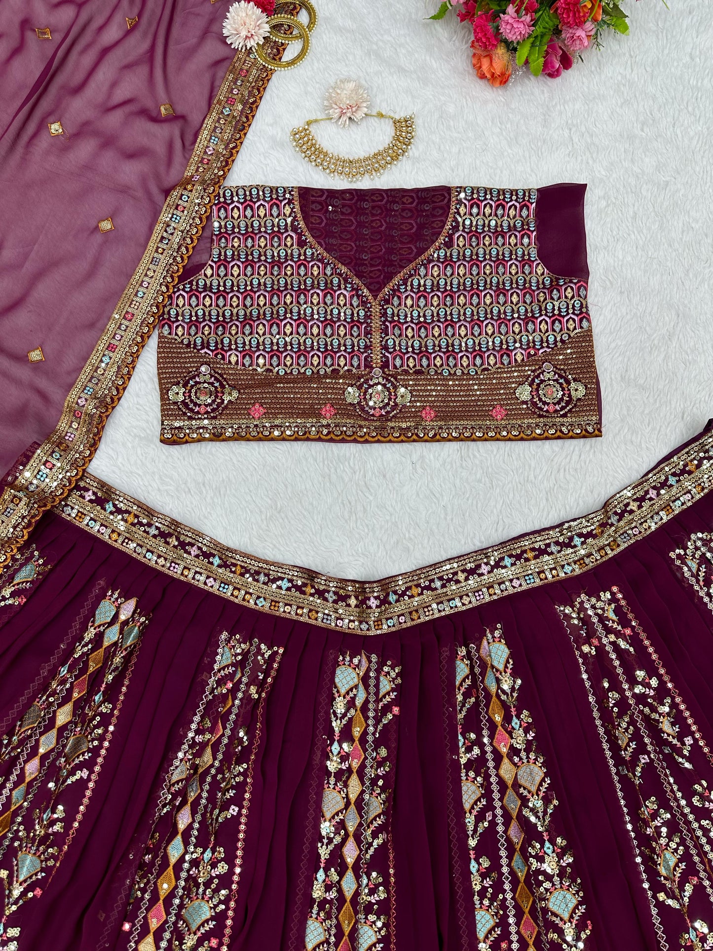 Wedding Wear Maroon Georgette Sequence Embroidered Lehenga Choli