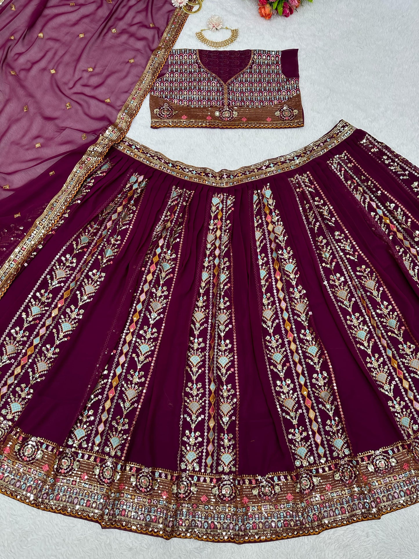 Maroon Georgette Sequence Embroidered Lehenga Choli