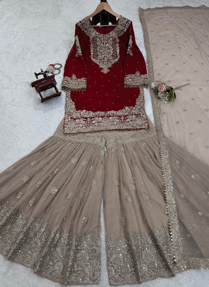 Maroon Cream Georgette Full Stitched Sharara Suit