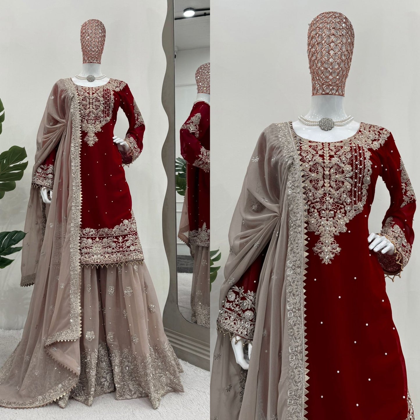 Maroon Cream Georgette Full Stitched Sharara Suit