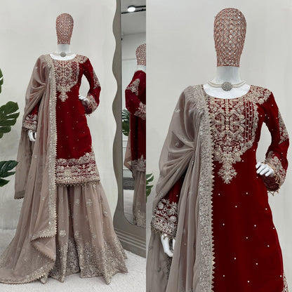 Maroon Cream Georgette Full Stitched Sharara Suit