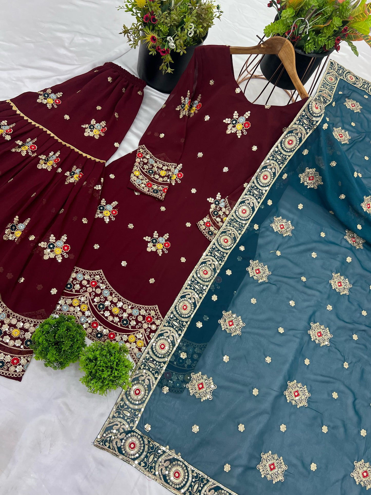 Super Hit Dark Maroon Georgette Fully Stitched Sharara Suit
