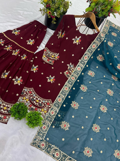 Super Hit Dark Maroon Georgette Fully Stitched Sharara Suit