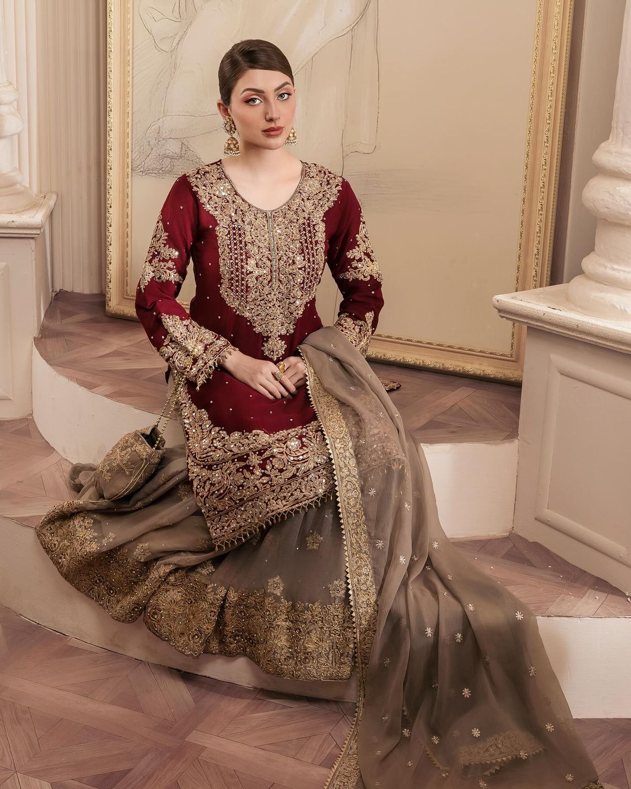 Maroon Cream Georgette Full Stitched Sharara Suit