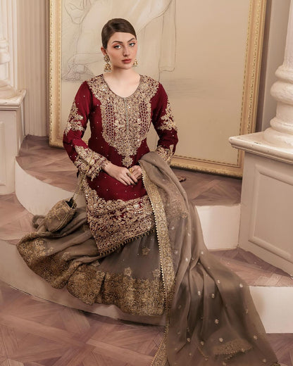 Maroon Cream Georgette Full Stitched Sharara Suit