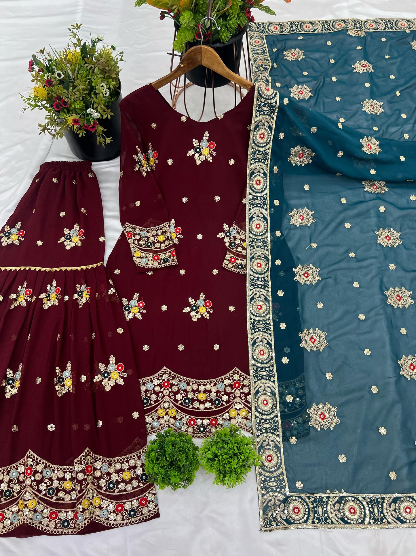 Super Hit Dark Maroon Georgette Fully Stitched Sharara Suit