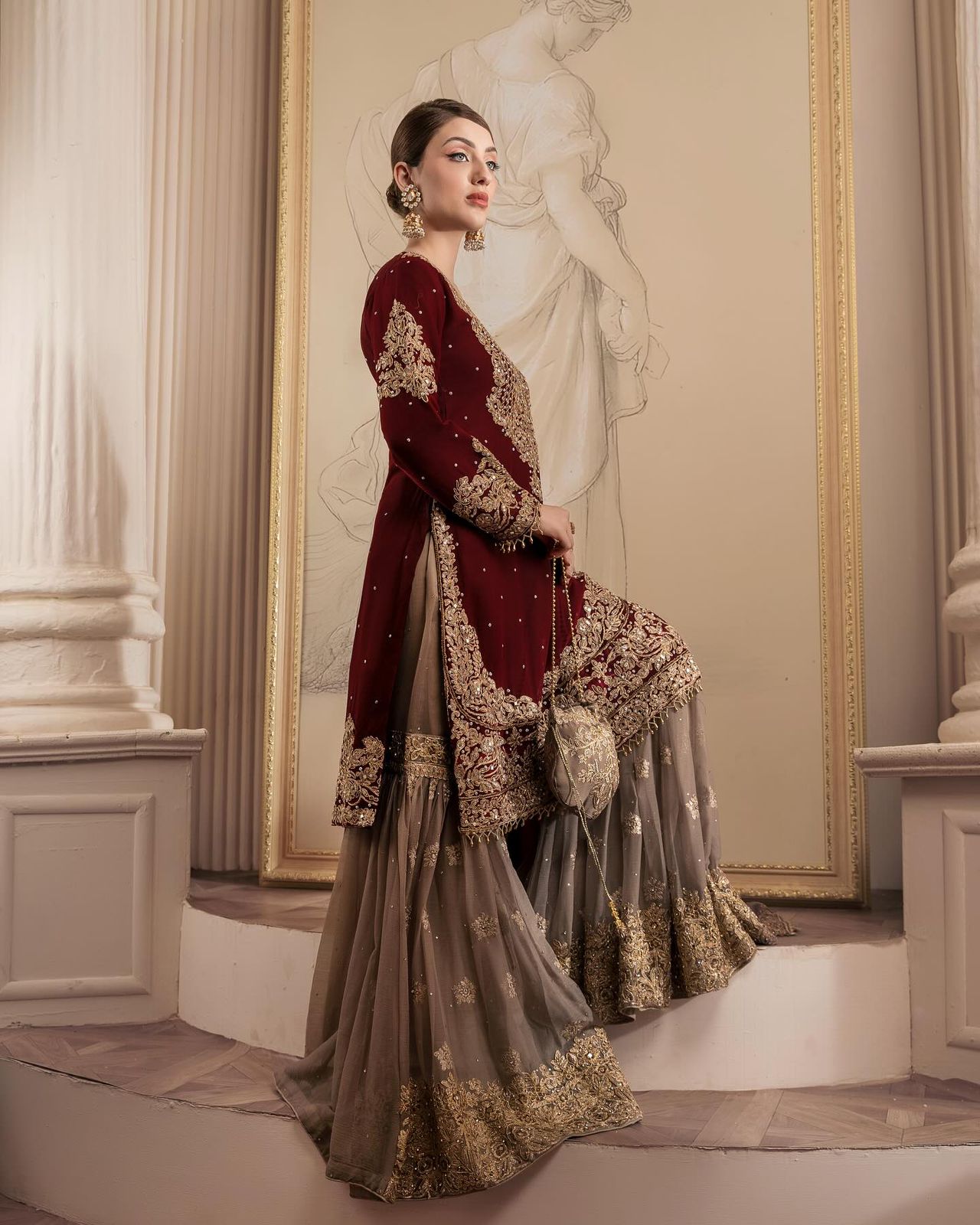 Maroon Cream Georgette Full Stitched Sharara Suit