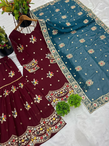 Super Hit Dark Maroon Georgette Fully Stitched Sharara Suit