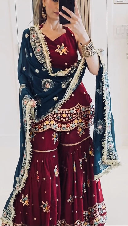 Super Hit Dark Maroon Georgette Fully Stitched Sharara Suit