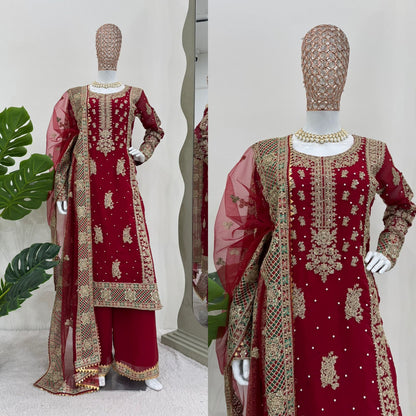 Red Color Georgette Heavy Work Stitched Sharara Suit