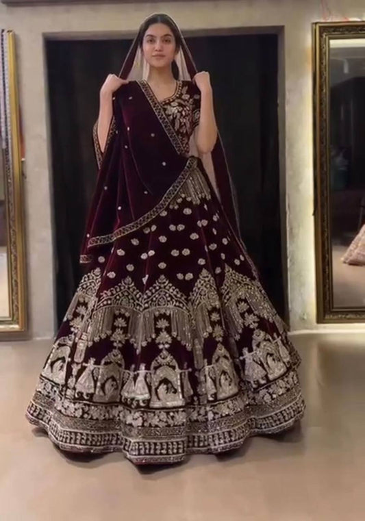 Maroon Velvet Heavy Work Lehenga Choli