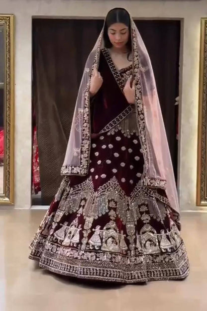 Maroon Velvet Heavy Work Lehenga Choli