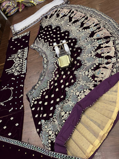 Maroon Velvet Heavy Work Lehenga Choli