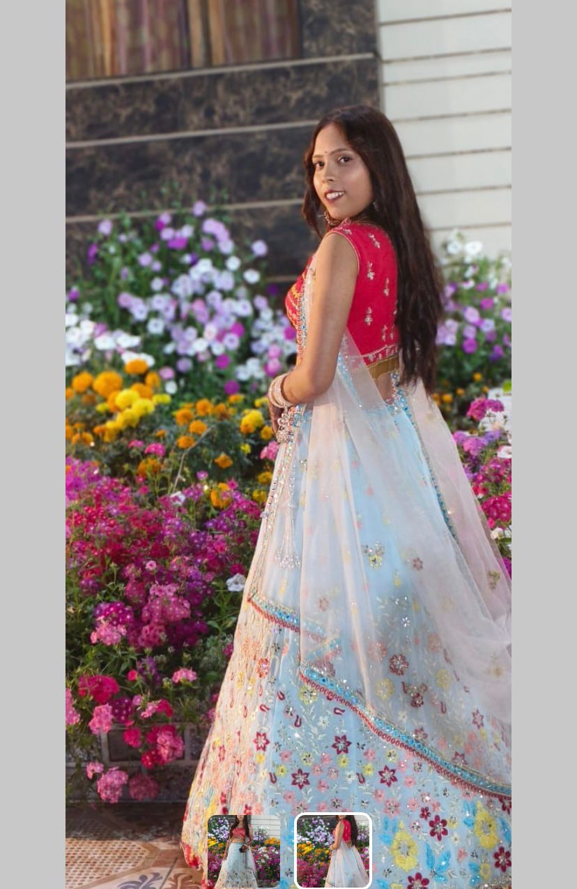 Wedding Wear Sky Georgette Real Mirror Sequence Embroidered Work Lehenga Choli