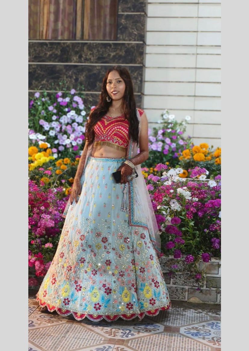 Wedding Wear Sky Georgette Real Mirror Sequence Embroidered Work Lehenga Choli