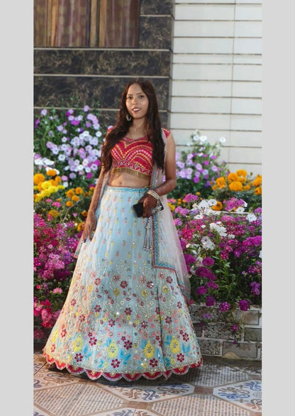 Wedding Wear Sky Georgette Real Mirror Sequence Embroidered Work Lehenga Choli