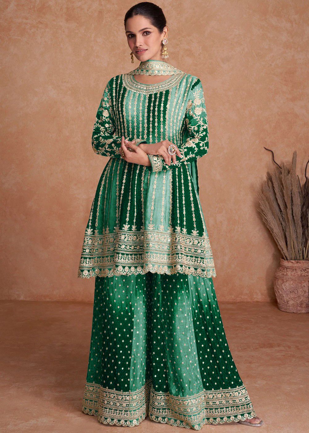 Full Stitched Designer Chinon Silk Plazo Sharara Suit