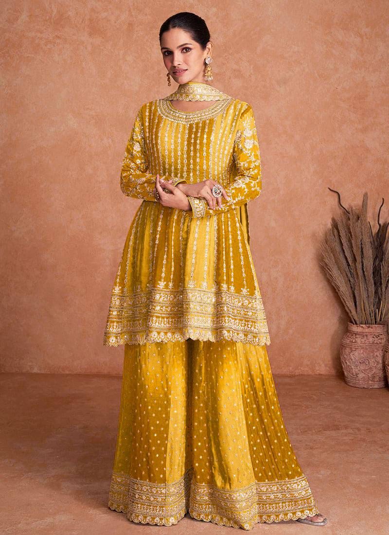 Full Stitched Designer Chinon Silk Plazo Sharara Suit