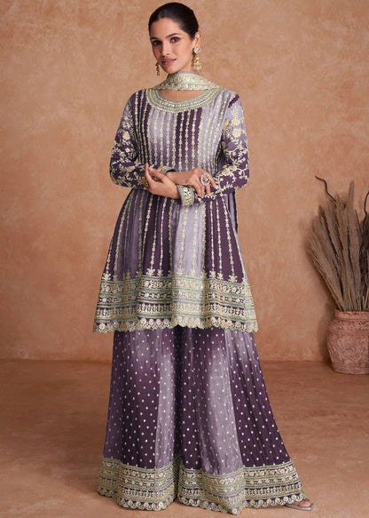 Full Stitched Designer Chinon Silk Plazo Sharara Suit