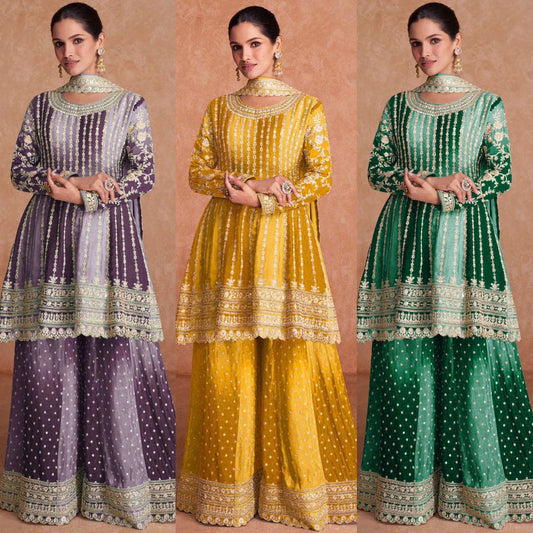 Full Stitched Designer Chinon Silk Plazo Sharara Suit