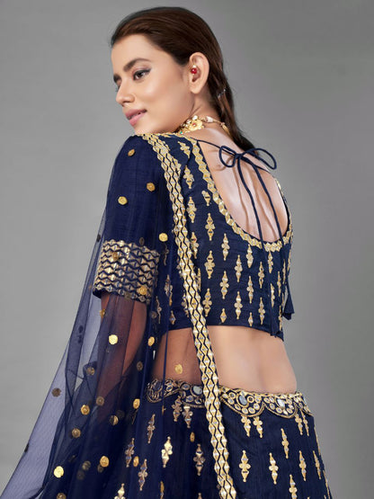 Navy Blue Banglori Silk Heavy Embroidered Lehenga Choli
