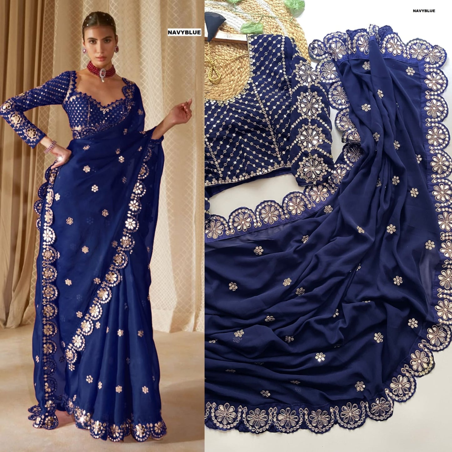 Stitched Blouse With Real Mirror Work Georgette Saree
