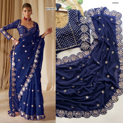 Stitched Blouse With Real Mirror Work Georgette Saree