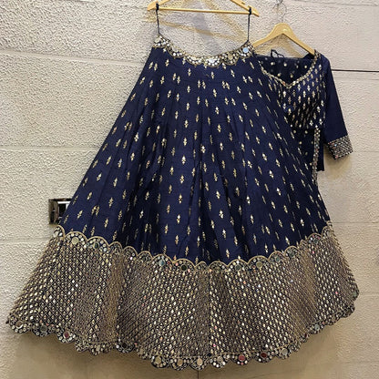 Navy Blue Banglori Silk Heavy Embroidered Lehenga Choli
