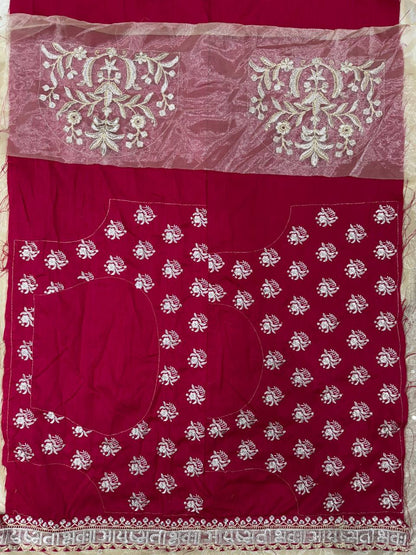 Function Wera Soft Twill Net Cream Saree With Red Work Blouse