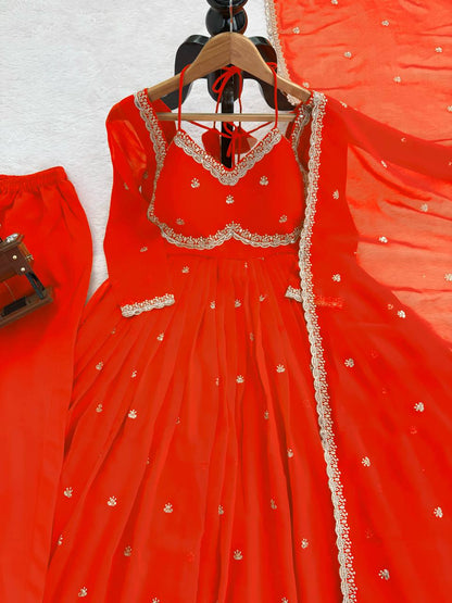 Red Georgette Anarkali Suit Set with 4-Meter Flair Fully Stiched