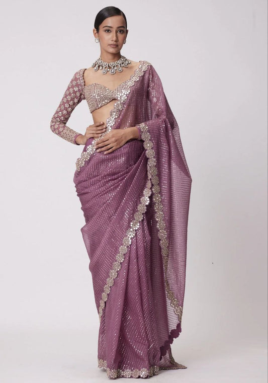 Onion Real Mirror Work Wedding Wear Saree