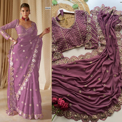 Stitched Blouse With Real Mirror Work Georgette Saree