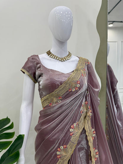 Onion Color Fendi Silk Intricate Thread Embroidery Border Saree