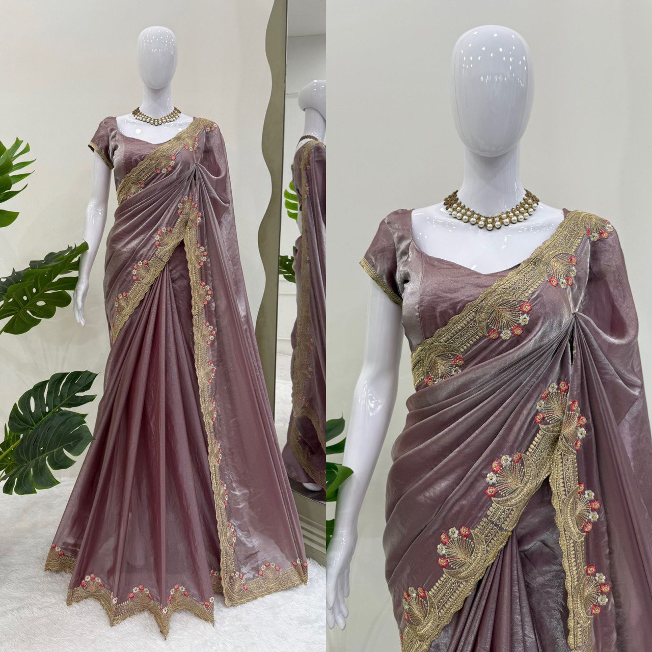 Onion Color Fendi Silk Intricate Thread Embroidery Border Saree