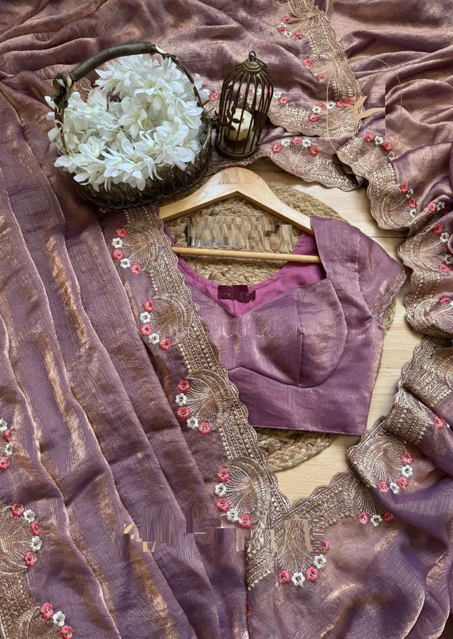 Onion Color Fendi Silk Intricate Thread Embroidery Border Saree