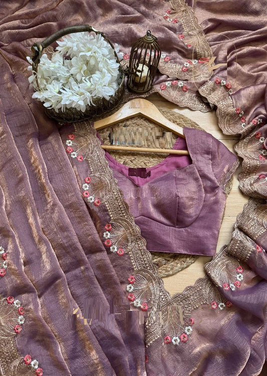 Onion Color Fendi Silk Intricate Thread Embroidery Border Saree