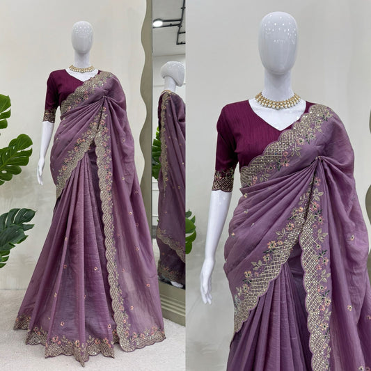 Wedding Wear Cruncy Silk Embroidered Border Work Saree