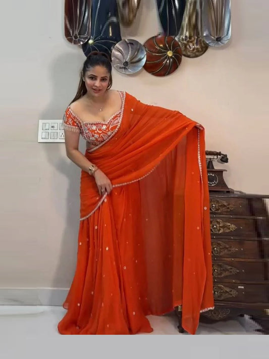 Ready to Wear Orange Color Ruffle Style Georgette Lehenga Saree