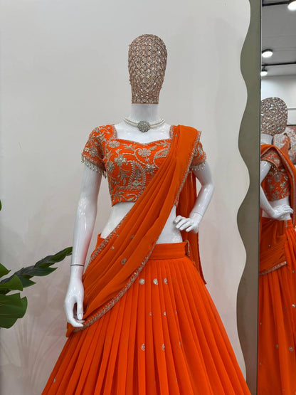 Ready to Wear Orange Color Ruffle Style Georgette Lehenga Saree