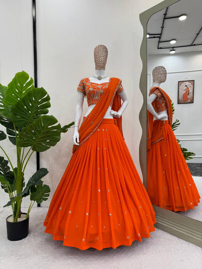 Ready to Wear Orange Color Ruffle Style Georgette Lehenga Saree