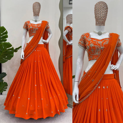 Ready to Wear Orange Color Ruffle Style Georgette Lehenga Saree