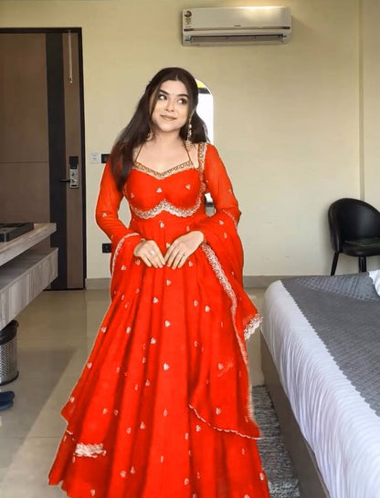 Red Georgette Anarkali Suit Set with 4-Meter Flair Fully Stiched