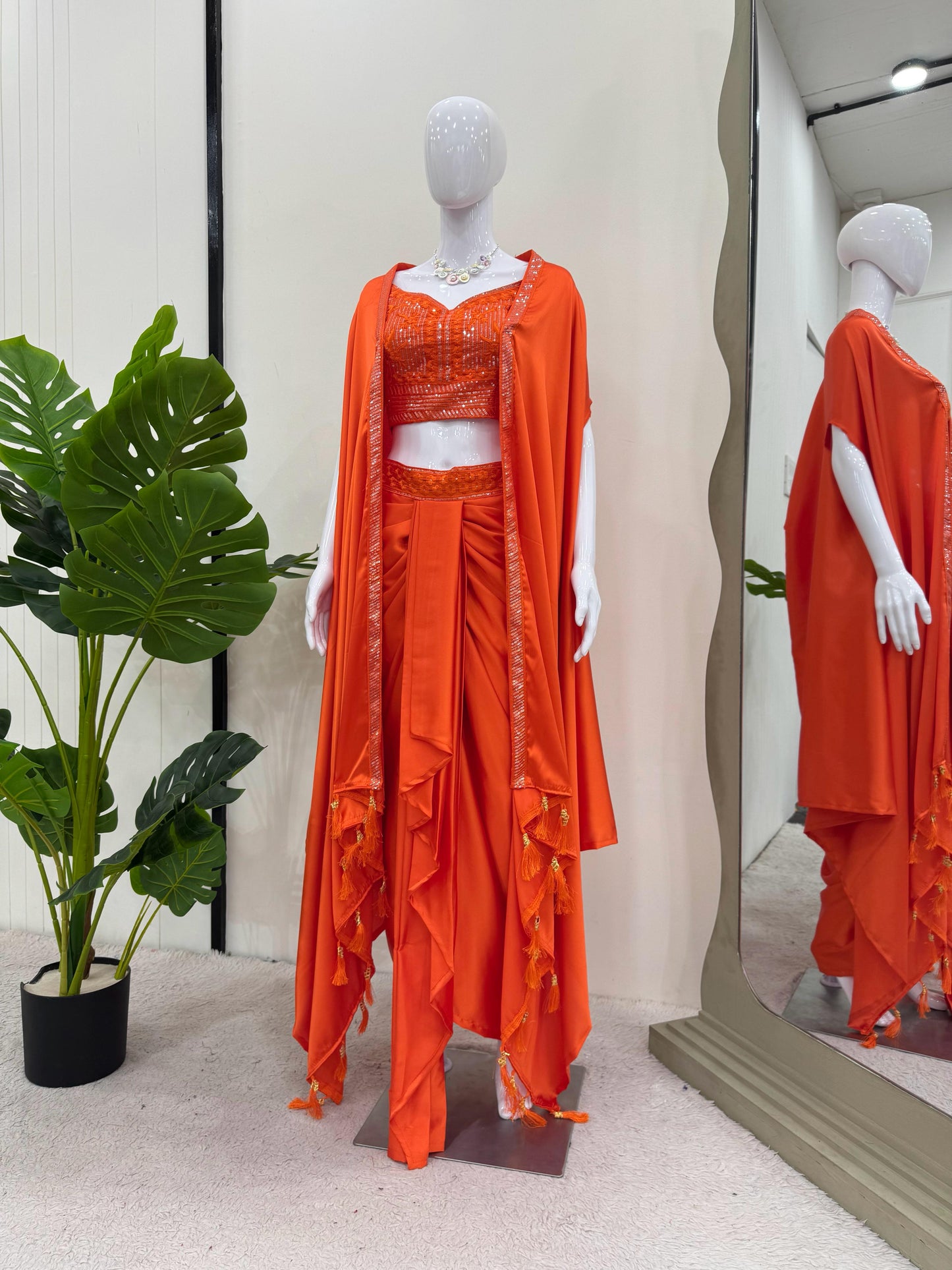 Orange Color Satin Silk Dhoti Style Ready to Wear Suit With Shrug