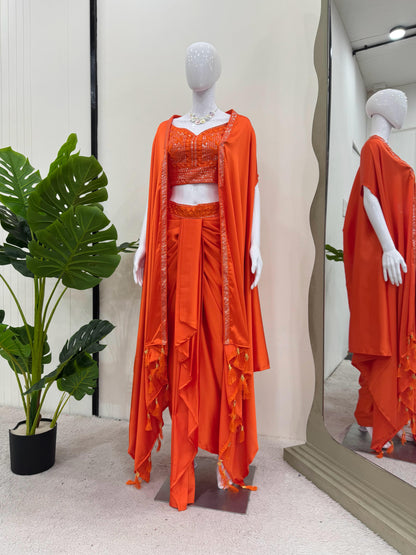 Orange Color Satin Silk Dhoti Style Ready to Wear Suit With Shrug